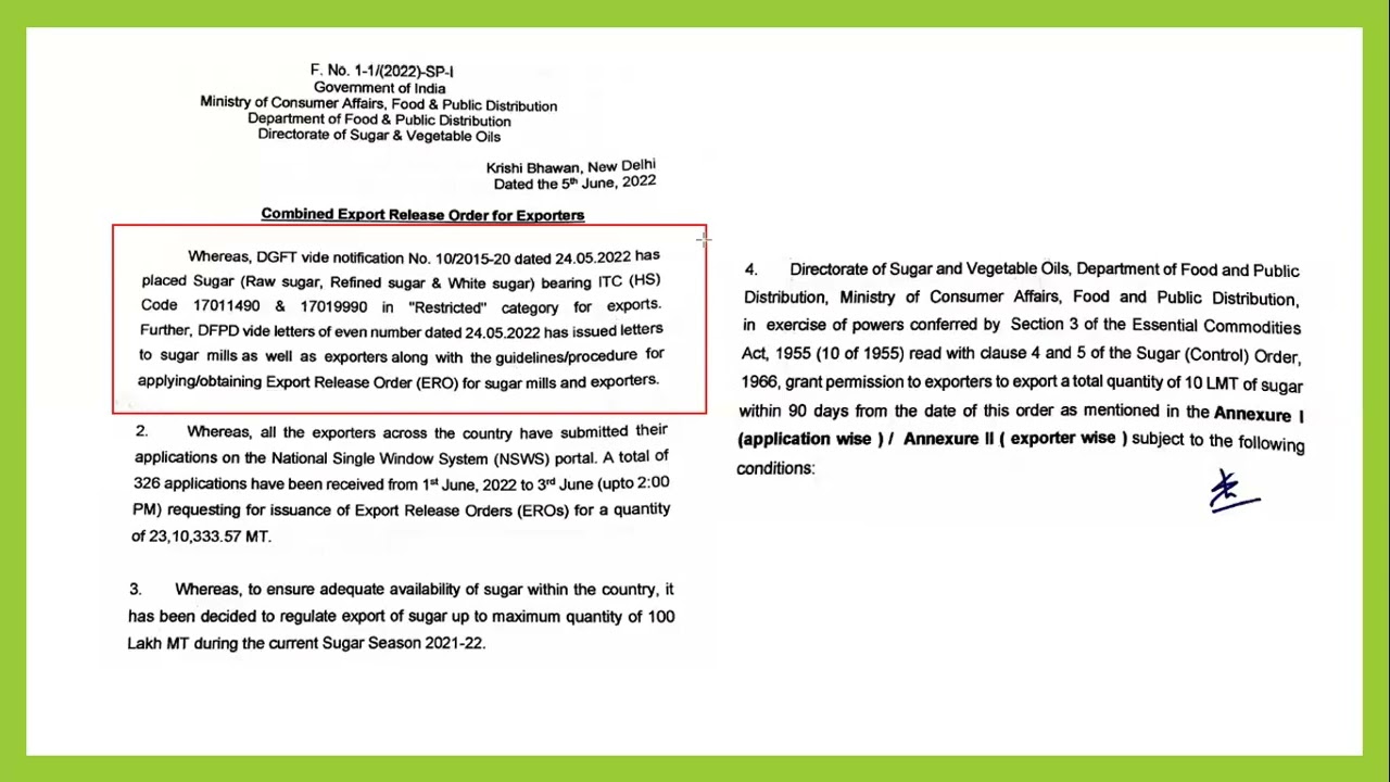 Sugar Export Restriction | Export Notice
