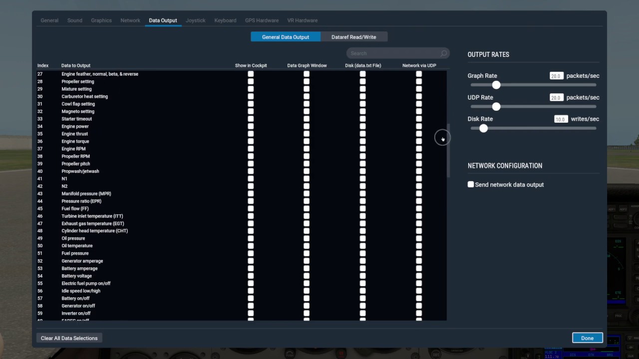 X-Plane 11 Data Output Settings