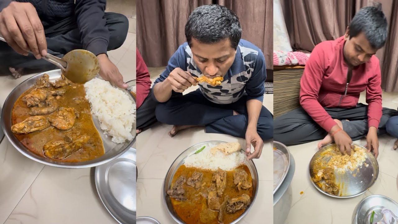 रात को 12:45 बजे हम तीनों चिकन करी खा रहे हैं / 😃👌
