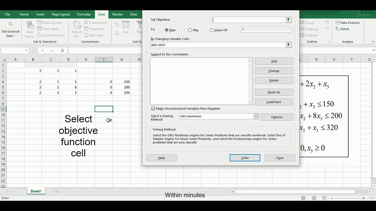 Simplex method in Excel/Simplex linear programming in excel/use of solver/simplex method