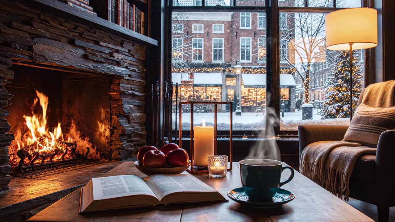 Winter Night Café Sounds ☕ Soft Jazz & Fireplace for Calm Productivity