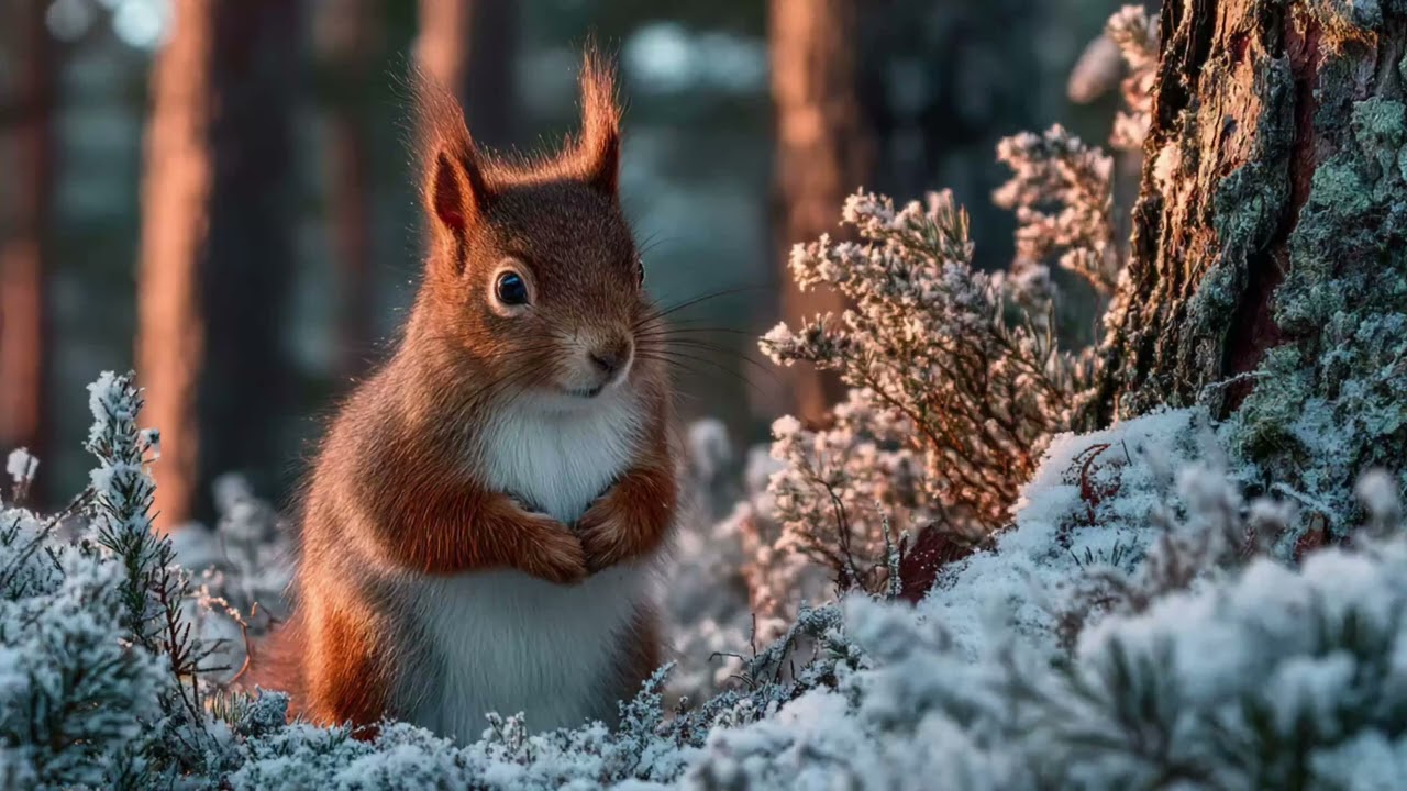 4K Cute Red Squirrel in Snowy Forest | Cozy Winter Morning TV Ambiance Art | No Music
