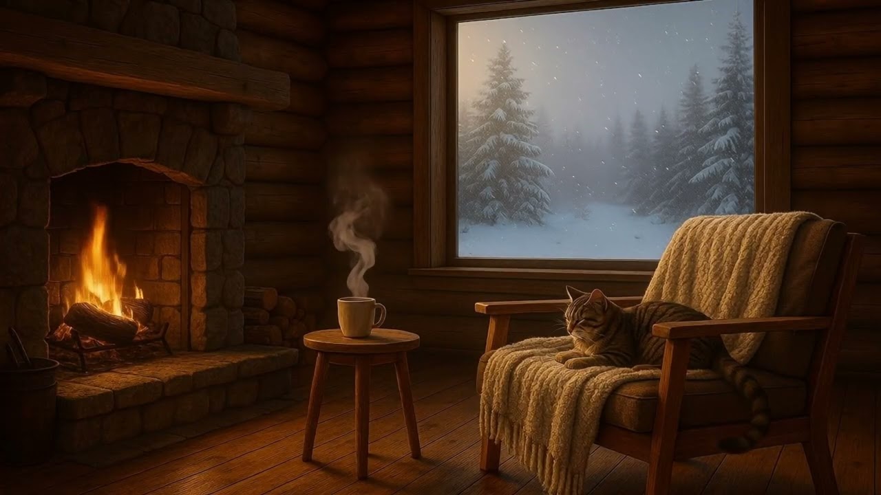 🎶🐈 Relaxing Music by the Cozy Fireplace | Rustic Cabin Morning Coffee ☕🔥
