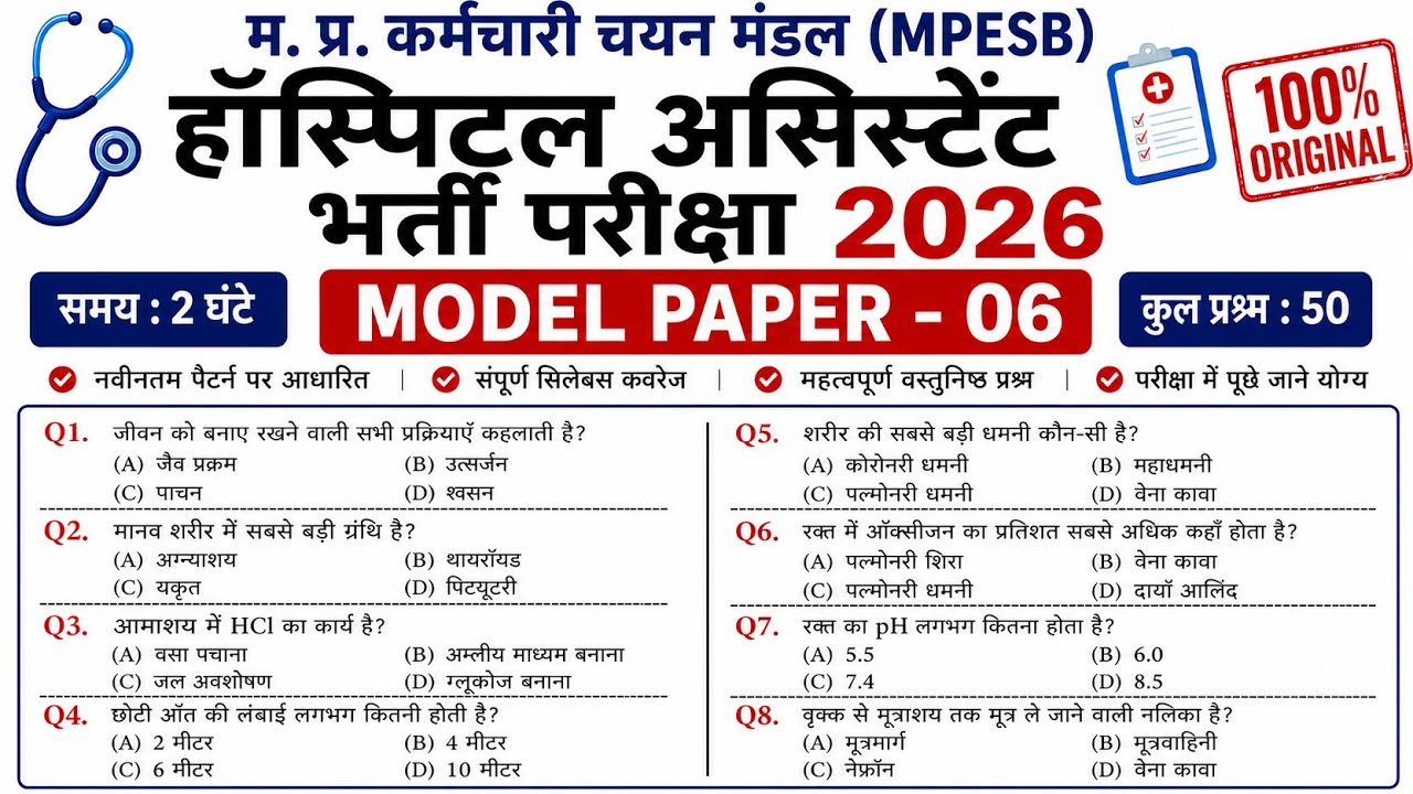 MP Hospital Assistant 2026 Final Preparation | Model Paper 06 | Most Important MCQs