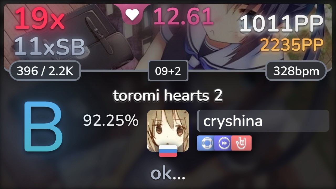 12.6⭐ cryshina | goreshit - toromi hearts 2 [09+2] +NFDTHR 92.25% | 1011pp 19❌ - osu!