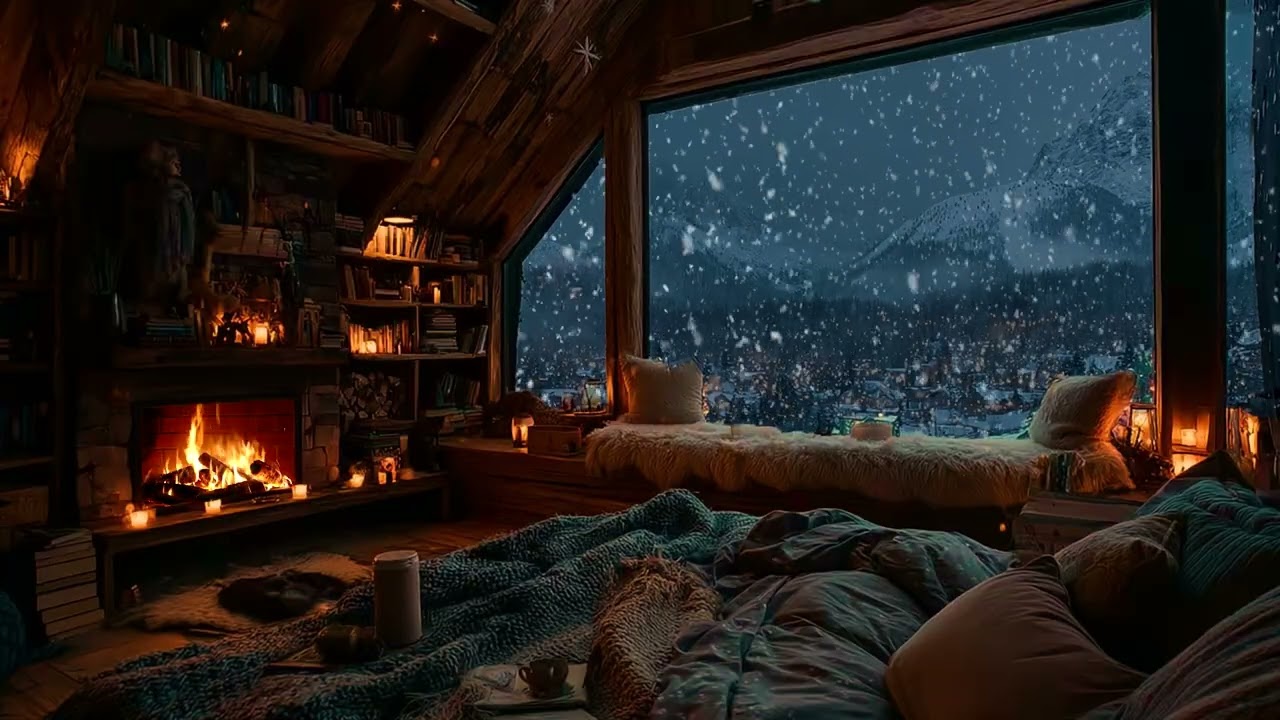 Warm Cozy Snowy Cabin with Fireplace Sounds & Gentle Snowfall for Deep Sleep & Mental Clarity