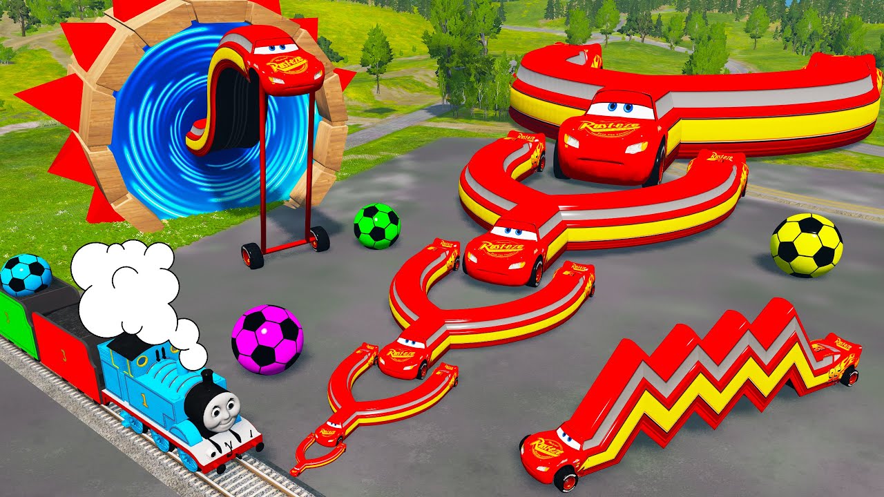Big & Small Articulated Mcqueen vs Lightning Mcqueen Slingshot vs Trains Thomas | BeamNG.Drive