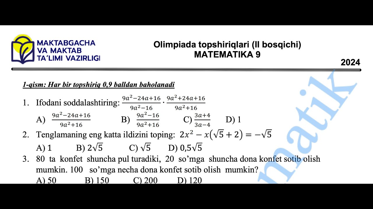 Matematika Olimpiada 2024-yil 9-sinf Test yechimlari 1-qism