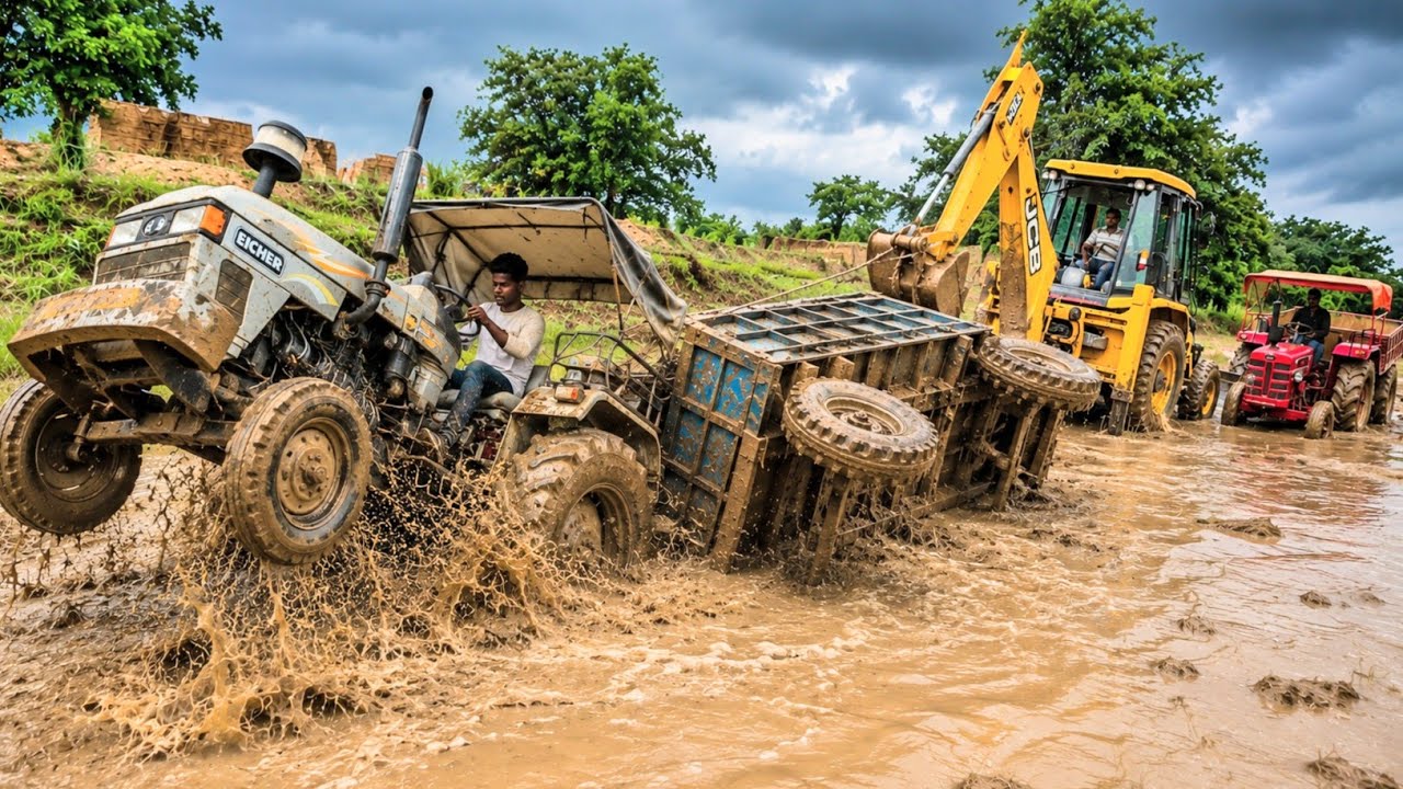 Fully Loaded Eicher Tractor Trolley Overturned 😱 Mahindra 275 Pulling with JCB | Tractor Power Test
