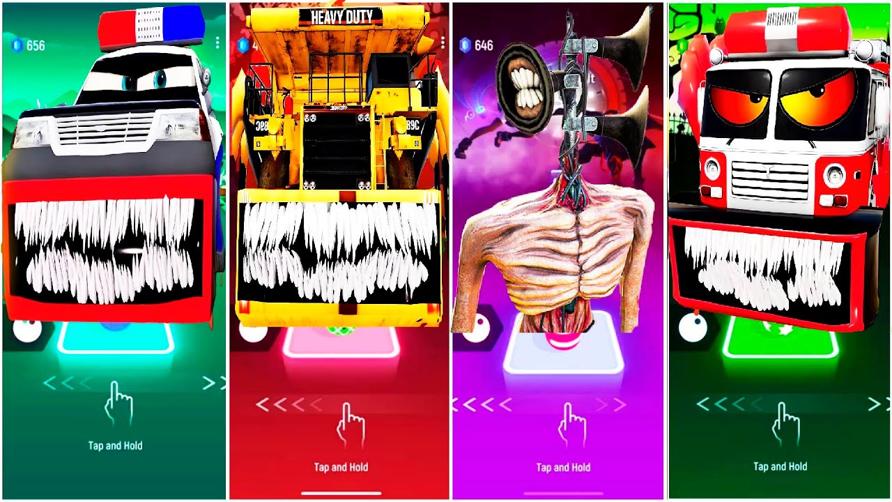 Police Car Eater vs Fire Truck vs Giant Dump Truck Eater vs Siren Head | Tiles Hop EDM Rush