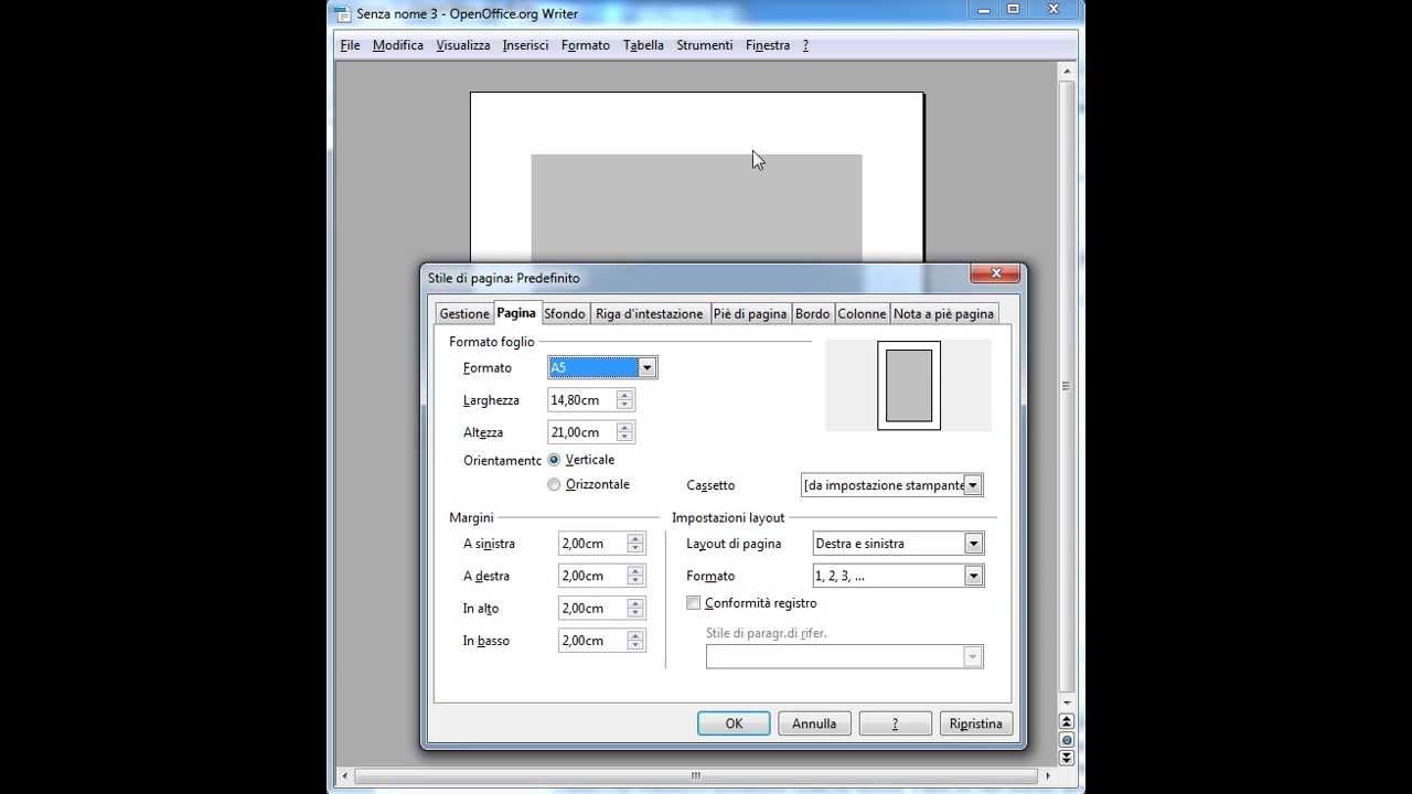 OpenOffice Writer imposta formato foglio e margini