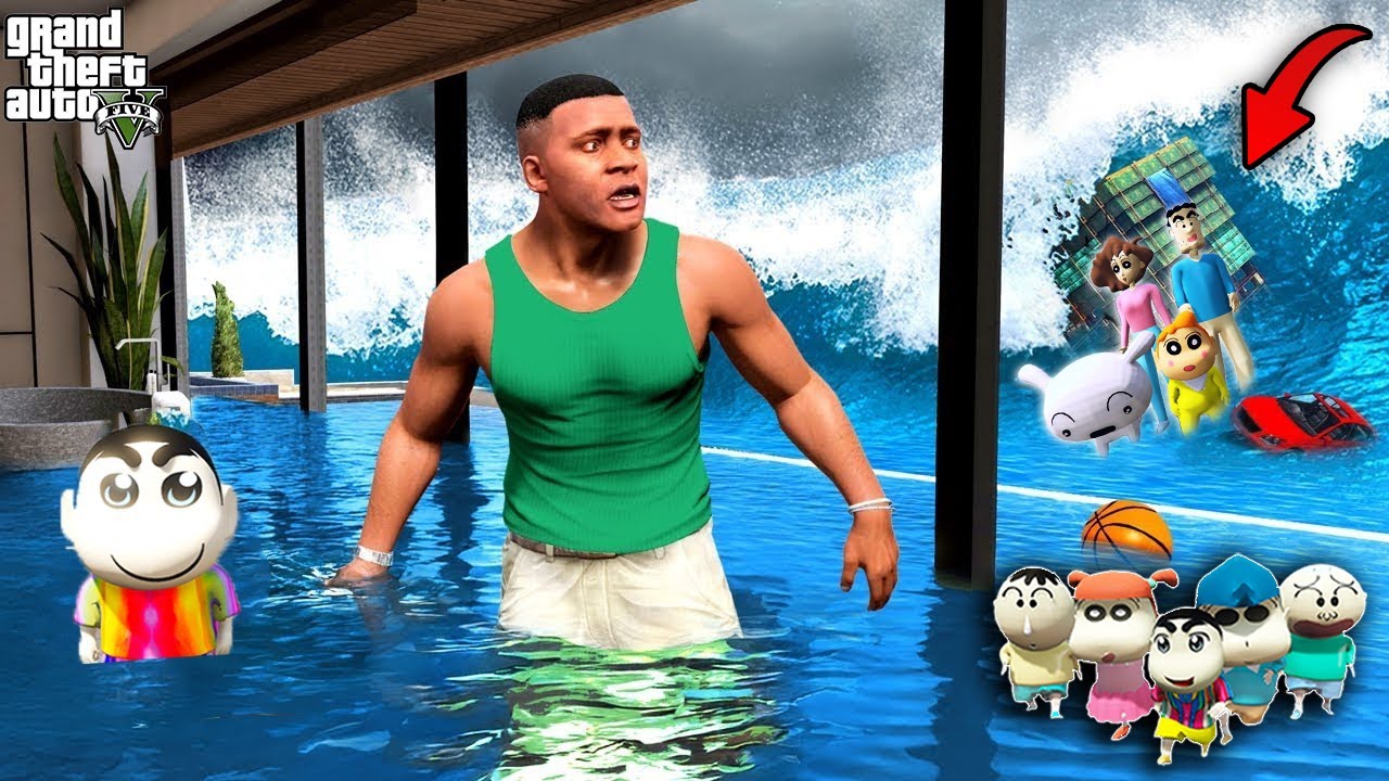 Franklin Survived Biggest Tsunami And Found Lost Shinchan And His Friends In GTA 5 (GTA 5 Mods)