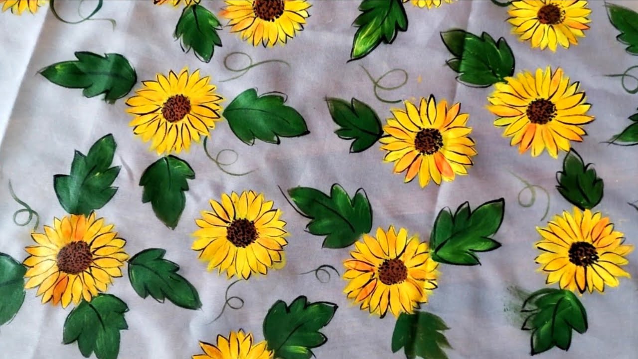 Easy Fabric painting for beginners.Yellow Sunflower.cushion covers.Dupatta Design.Baby frock desin