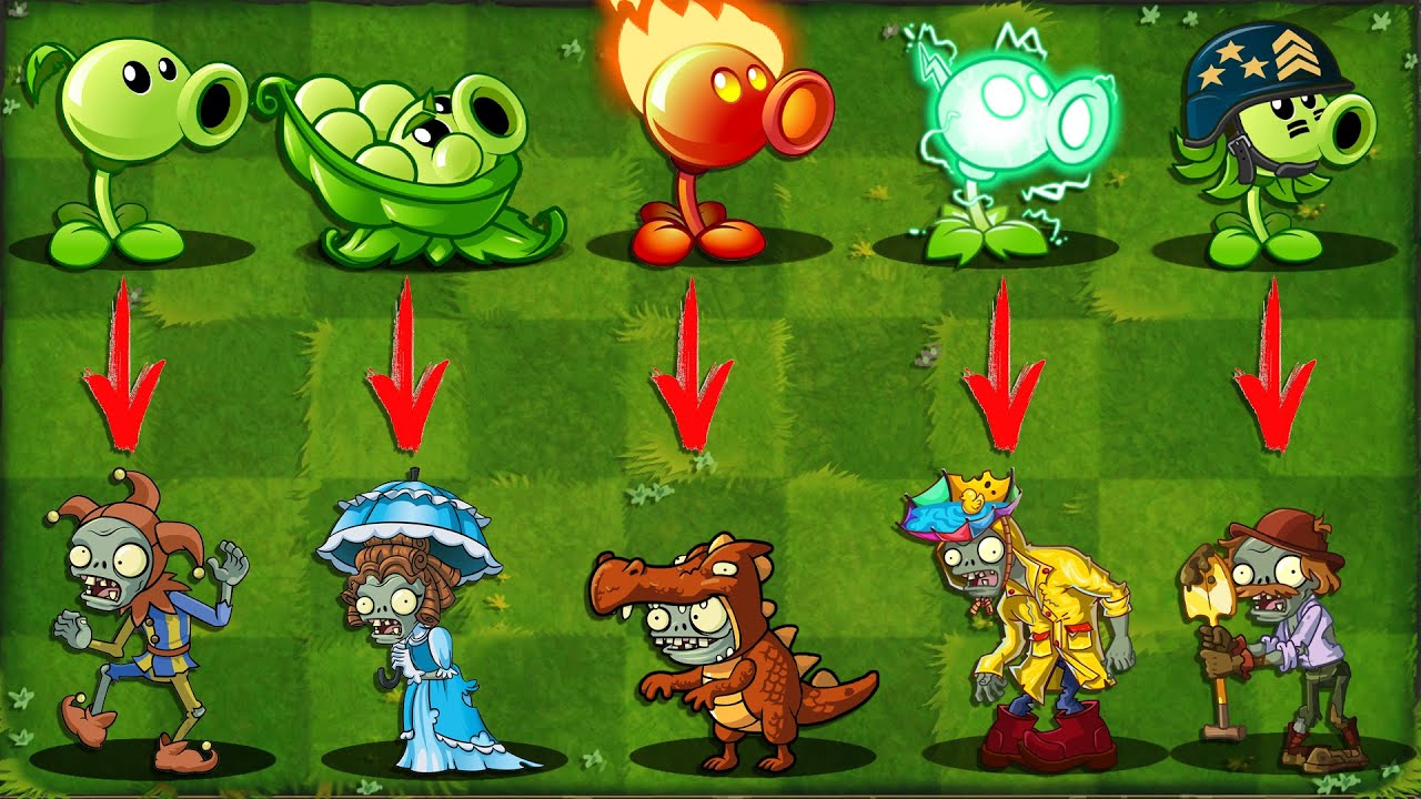 Испытание PVZ 2 - Все PEA против команды зомби сложного уровня, обычные и усиленные атаки.