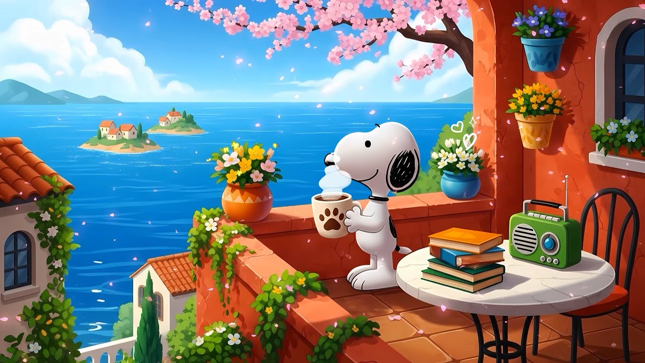 Snoopy’s Serene Spring Morning 🌸 Cozy Lofi by the Seaside Balcony ☕ Chill Lofi Beats to Calm