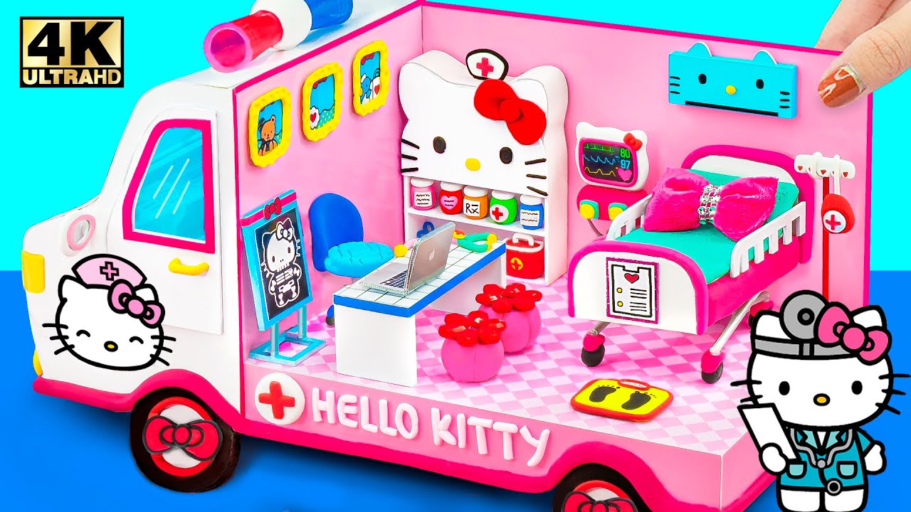 How To Make Pink Hello Kitty Ambulance Hospital, DIY Doctor Set, Medical Kit from Clay, Cardboard