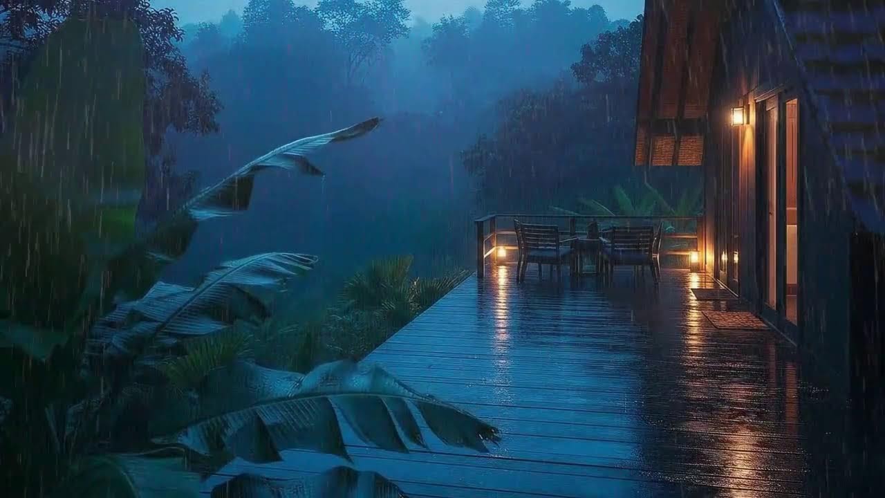 Quick Sleep with Calm Rain and Rolling Storm at Forest Cabin Terrace 🌧️
