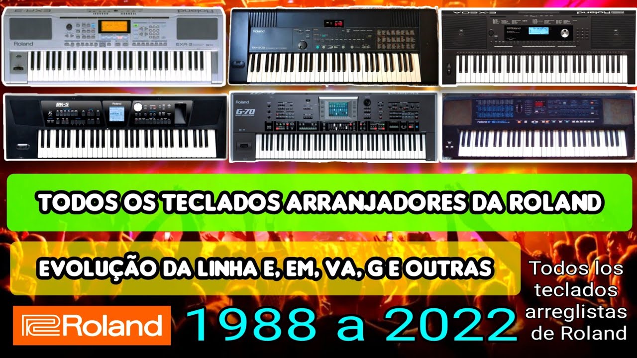 TODOS OS TECLADOS ARRANJADORES DA ROLAND, DE 1988 A 2022. Evolu&ccedil;&atilde;o da linha E, EM, G, VA e outras.
