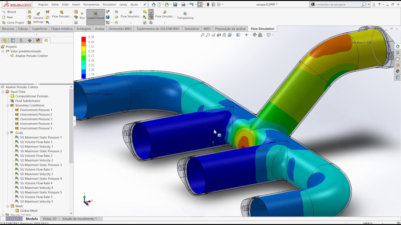 Aula 353- 9 26 - Analise Pressão no Coletor - CURSO FLOW SIMULATION - Solidworks - Marcelo Pereira