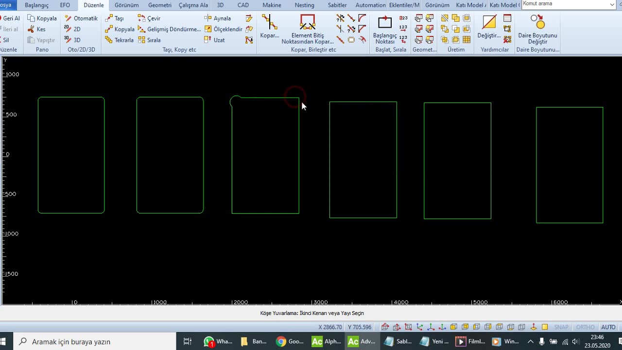 Ders64 AlphaCAM 2B(2D) Köşe Yuvarlama (Fillet) komutu (Makes Corner Rounding))