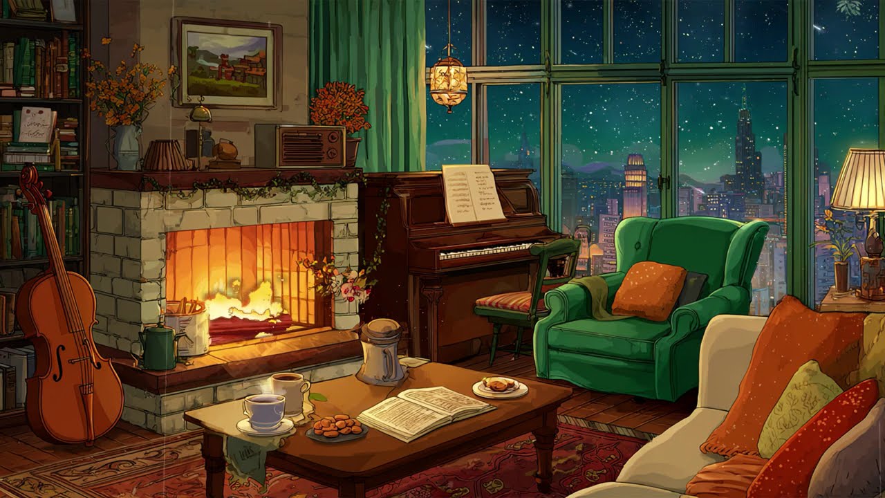 Peaceful night in New York City with Oldies Playing in Another Room for unwind (Crackling Fireplace)