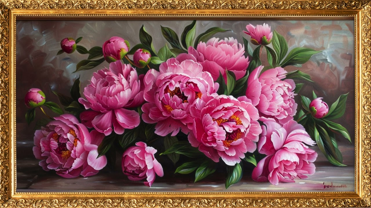 Pink Flower Painting | Gold Framed Vintage Spring Art | 2 Hours | 4K TV Background | Art Screensaver