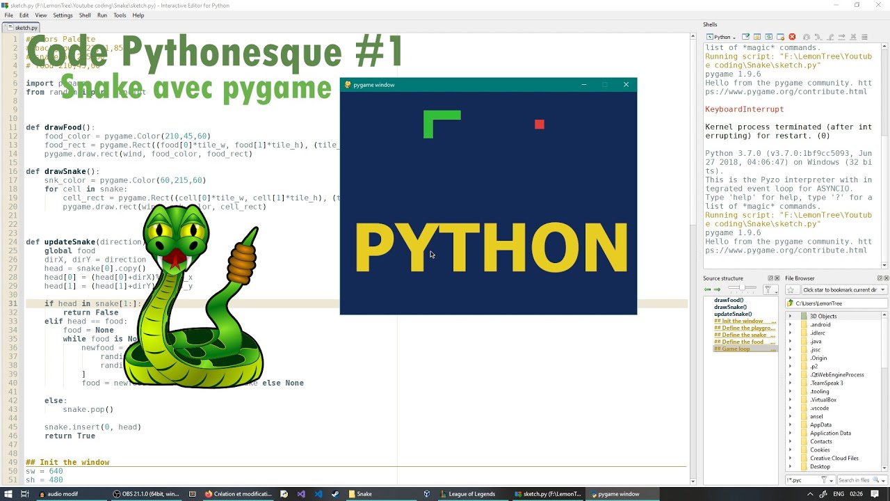 Snake en Python avec PyGame. Code Pythonesque #1