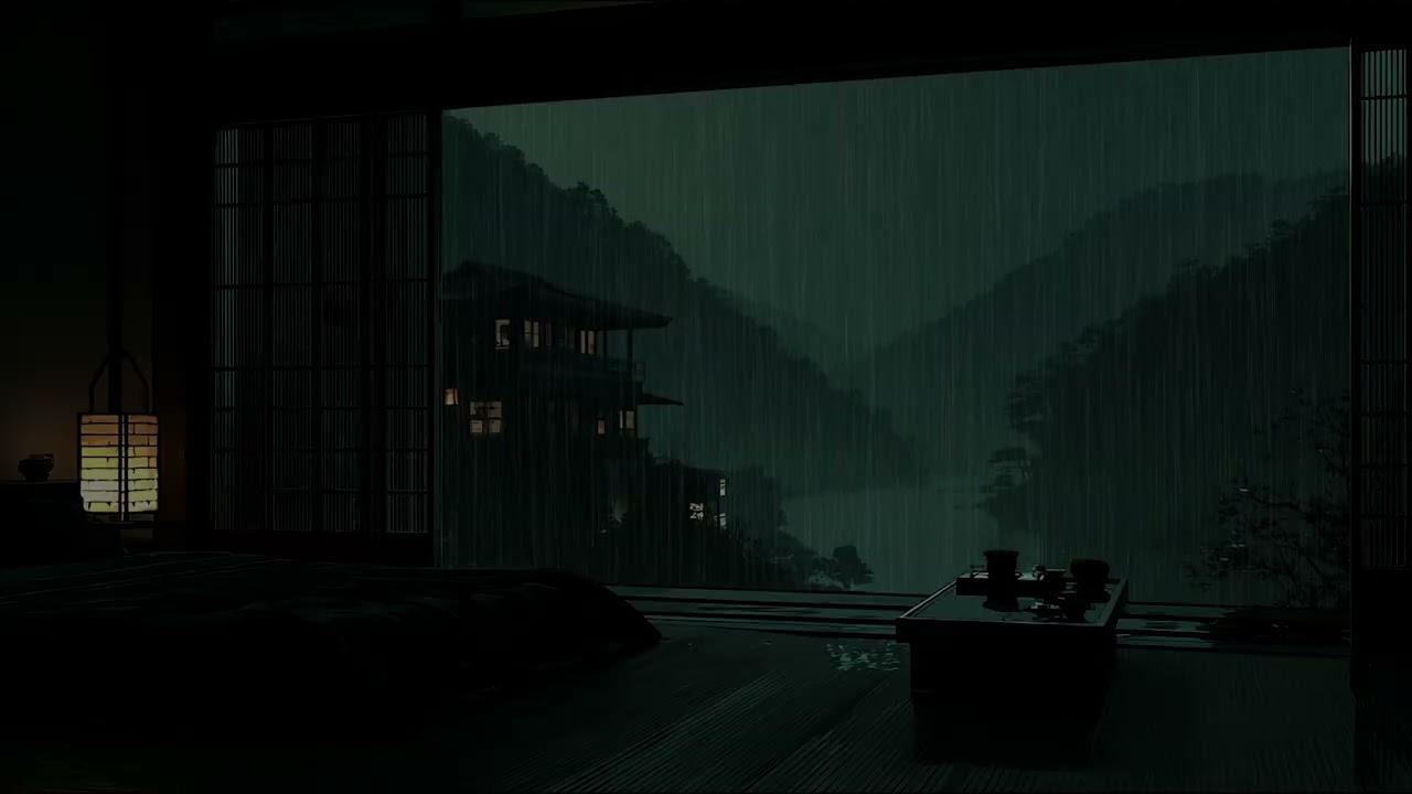 Cozy Rainy Evening Ambience from a Dark Room Overlooking Forest for Deep Sleep and Serenity