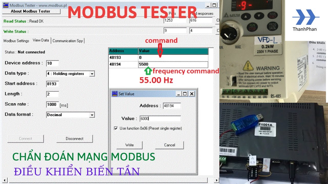 Dùng Modbus Tester để chuẩn đoán thông tin liên lạc, điều khiển biến tần Delta VFD-L