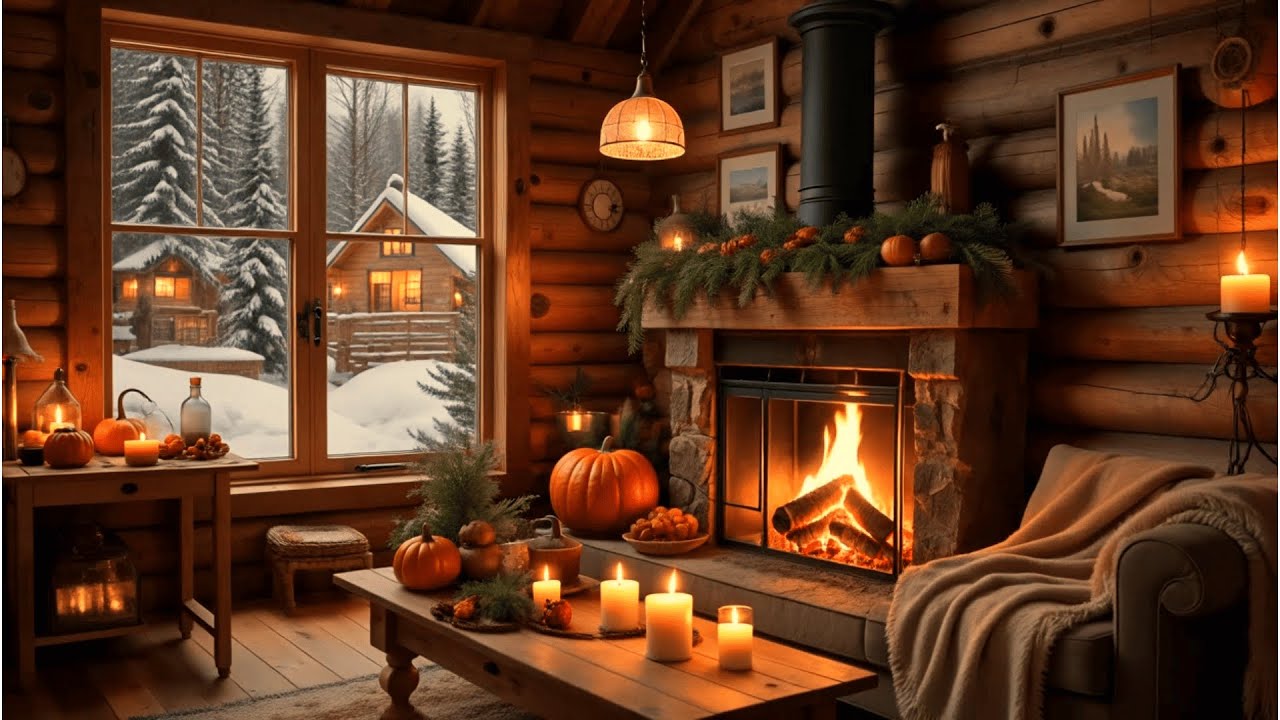 Relaxing Winter Piano in Warm Room | Fireplace Crackles + Snowy View for Focus & Meditation