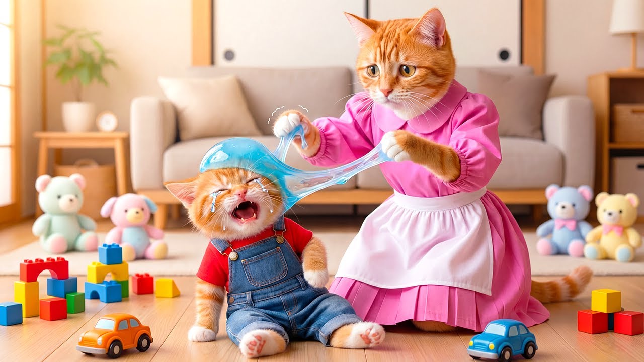 🐱😱 Ginger Kitten Gets Slime Stuck on His Head — Mama Cat Rushes to Help! 💖