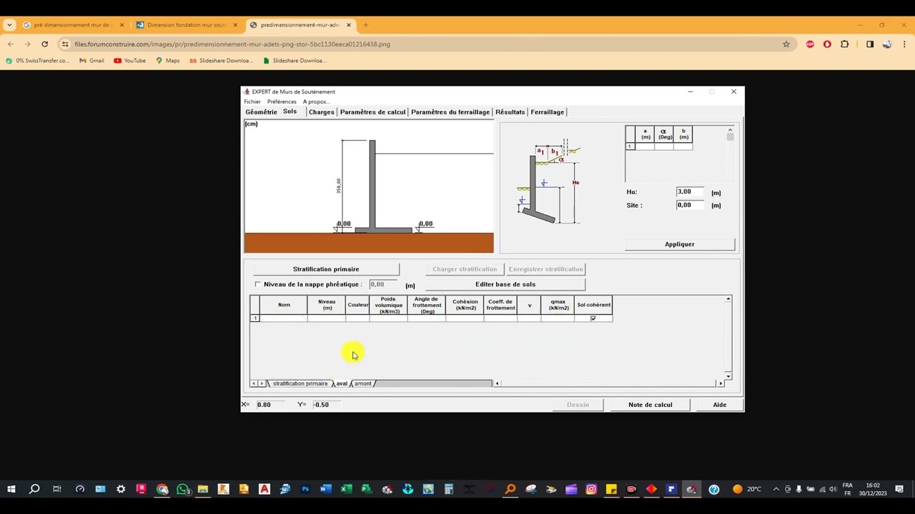 dimensionnement d'un mur de soutènement sur robot expert 2010