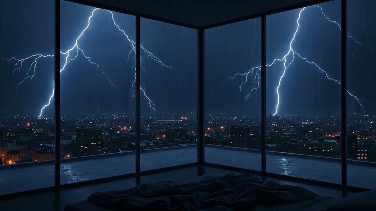 Corner Penthouse Thunderstorm ⚡ Panoramic City View with Heavy Rain & Lightning