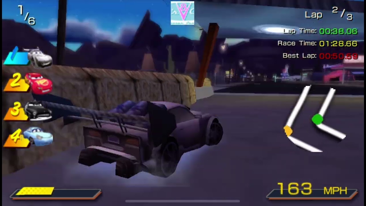 Cars: The Video Game (PSP): Boost crashes through the Donkey-Copter billboard