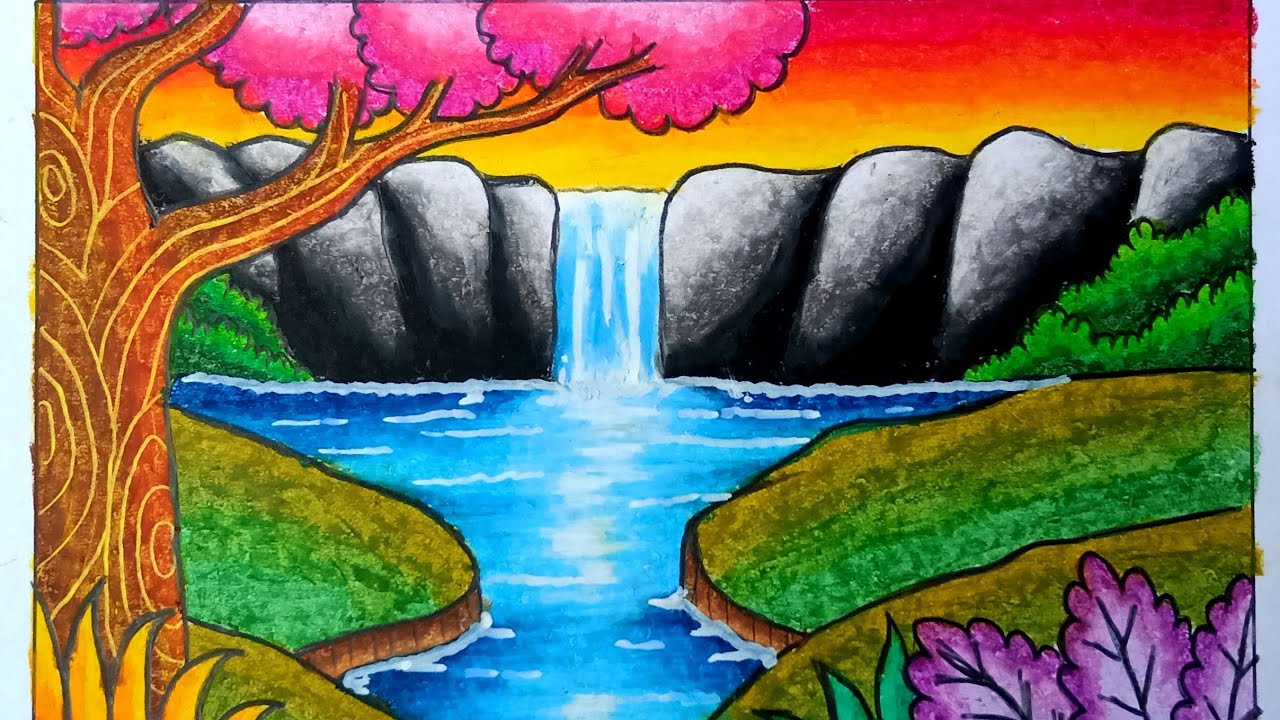 Cara Menggambar Pemandangan Air Terjun yang Mudah dan Bagus