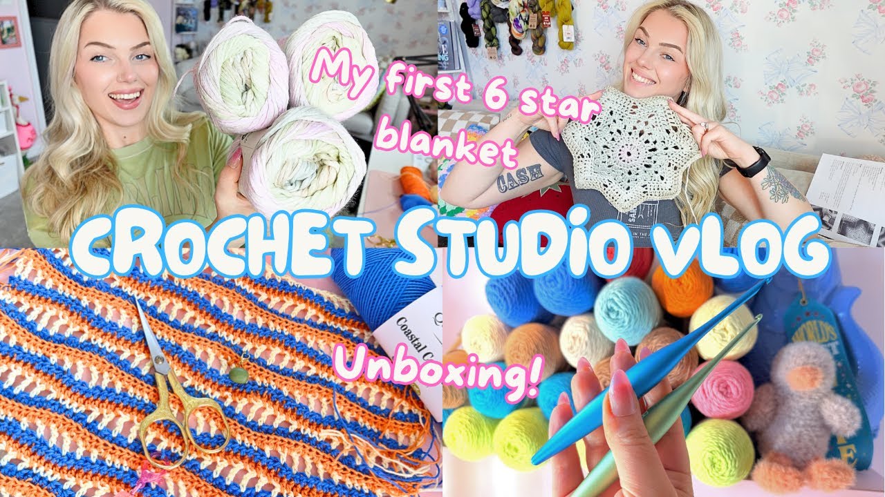 Crochet with me/ Studio vlog- My 1st 6 STAR BLANKET,  lots of new projects + yarn & hook UNBOXING!