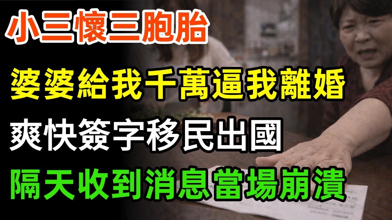 小三懷了三胞胎，婆婆給我5000萬離婚，我爽快簽字 移民出國，隔天 老公收到助理消息，當場傻眼 婆婆崩潰了！#故事分享 #故事