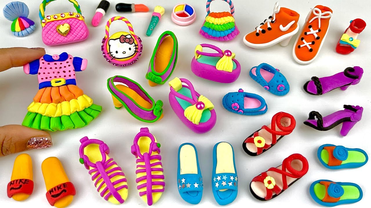 DIY How to Make Polymer Clay Miniature Doll Shoes, Makeup Set | DIY Miniature Footwear | #Dolliyon