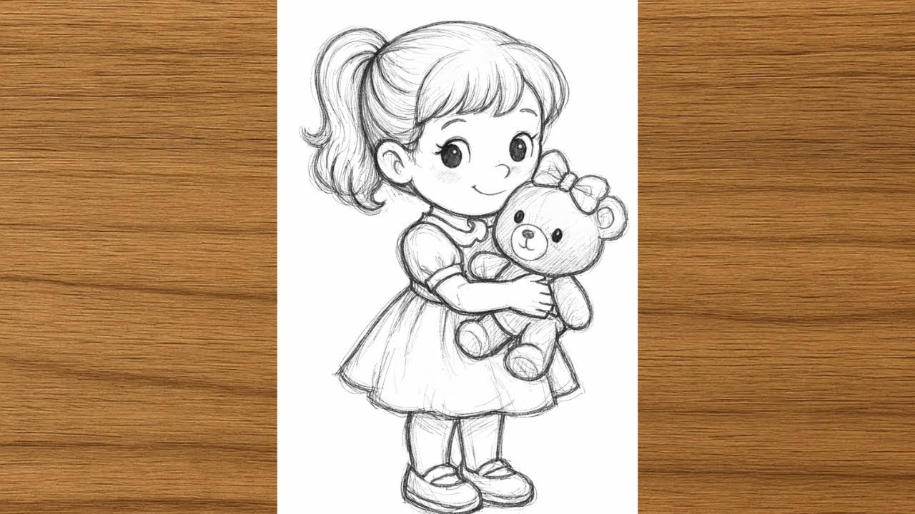 Cute Girl Holding Teddy Bear | Pencil Sketch Drawing