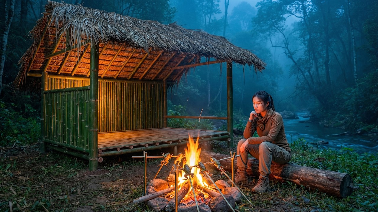 ALONE in the Deep Forest: Building a Bamboo Shelter and Cooking Wild Frogs