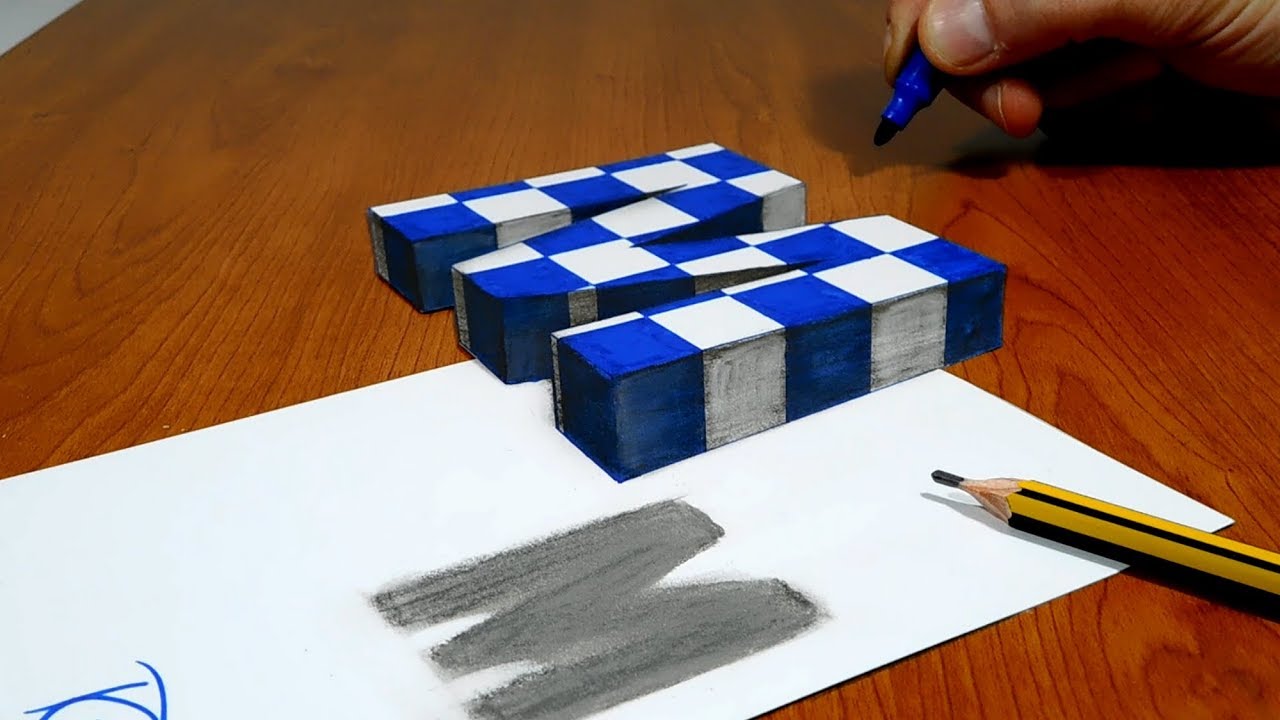 3D Trick Art on Paper, Floating chess, Letter M