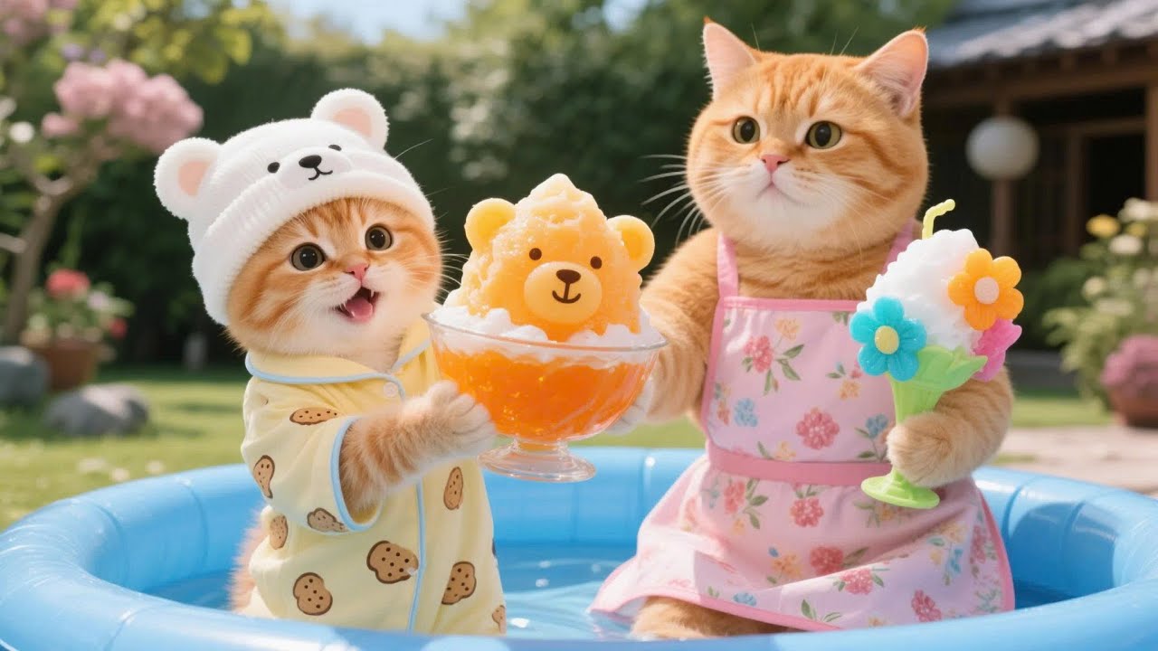 Ginger Kitten Wants to Cool Down, Mama Cat Makes a Cute Bear Ice Treat 💙🍧🐱 | Funny Cat Videos