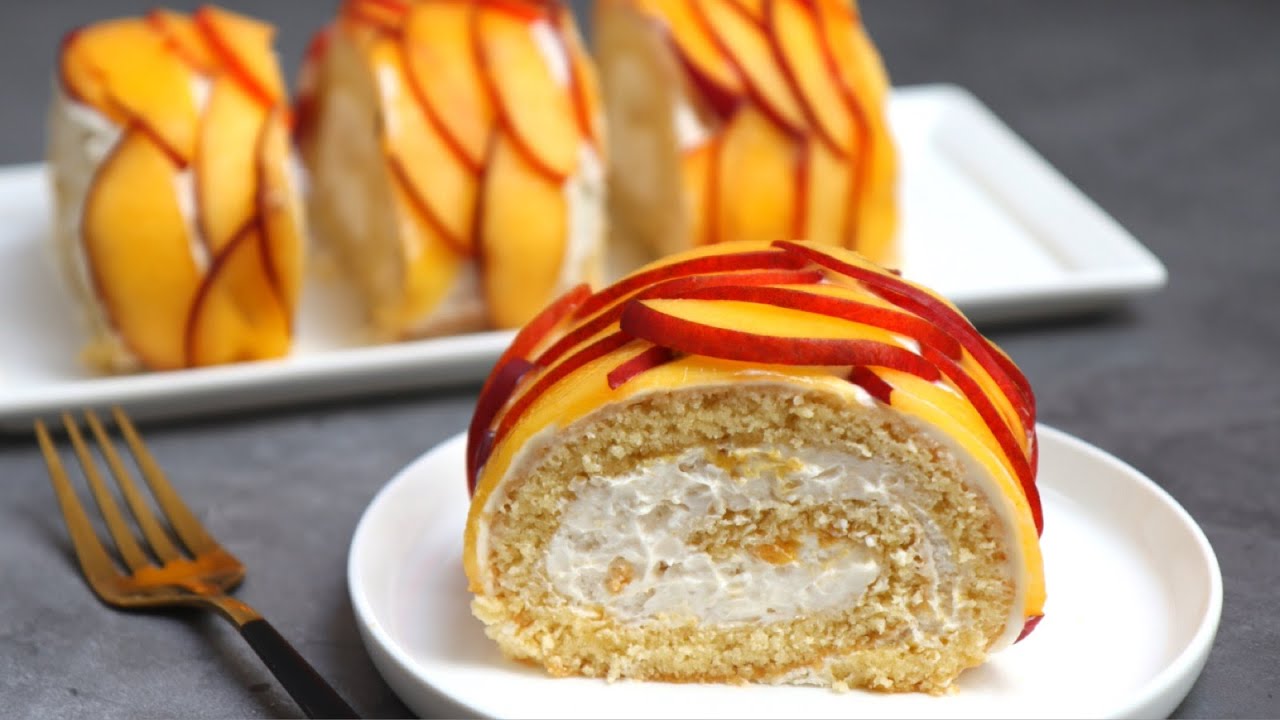 Peach & cream roll cake | vanilla roll cake recipe