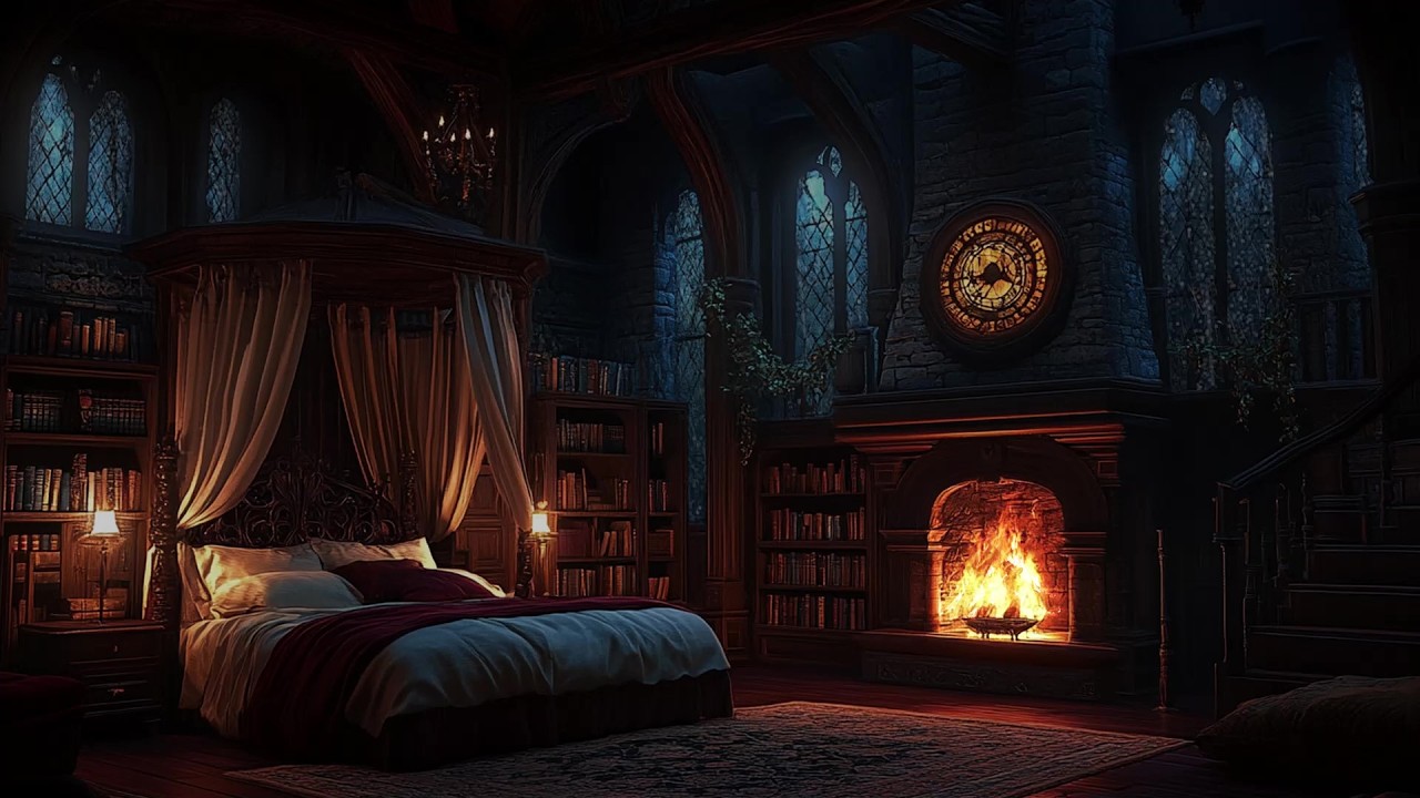 🌙🏯 Gentle Rain Around a Majestic Castle Bedroom at Midnight | Rain on Tall Windows | Sleep & Relax