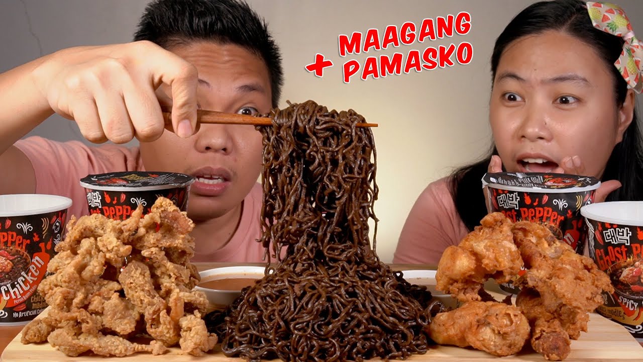 GHOST PEPPER CHALLENGE - BLACK NOODLES + FRIED CHICKEN + CHICKEN SKIN MUKBANG + MAAGANG PAMASKO
