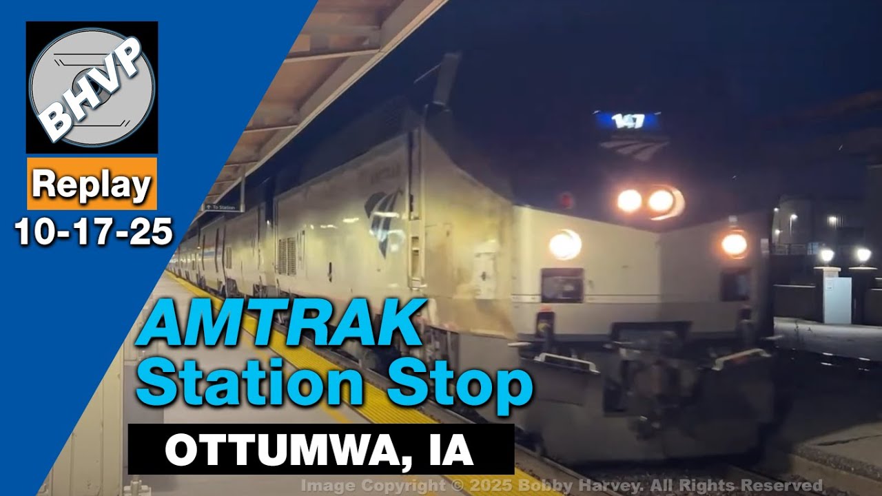 Amtrak California Zephyr station stop in Ottumwa, IA + BNSF freight train | 10-17-25 Replay