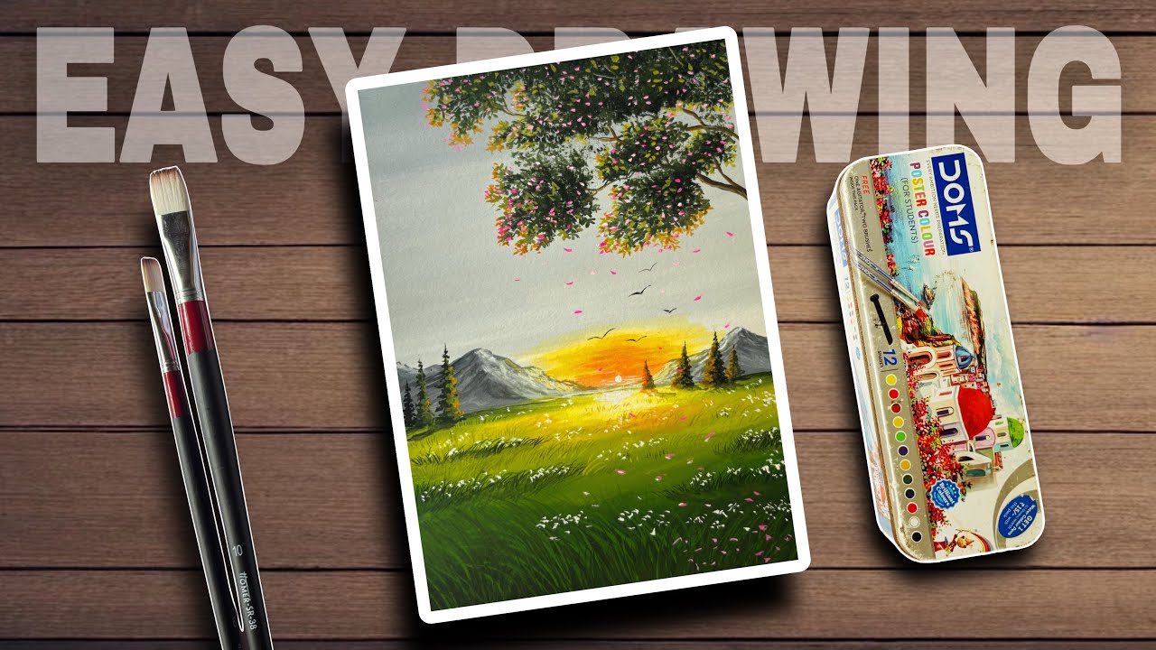 Easy Sunset Landscape Painting in 5 minutes | Simple Poster Colour Art for Beginners | Doms Colour