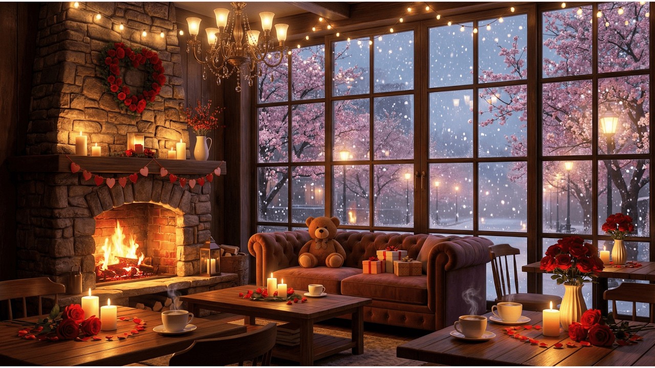 Romantic Winter Café Jazz 💖❄️ Soft Piano & Fireplace Ambience for Love & Relaxation
