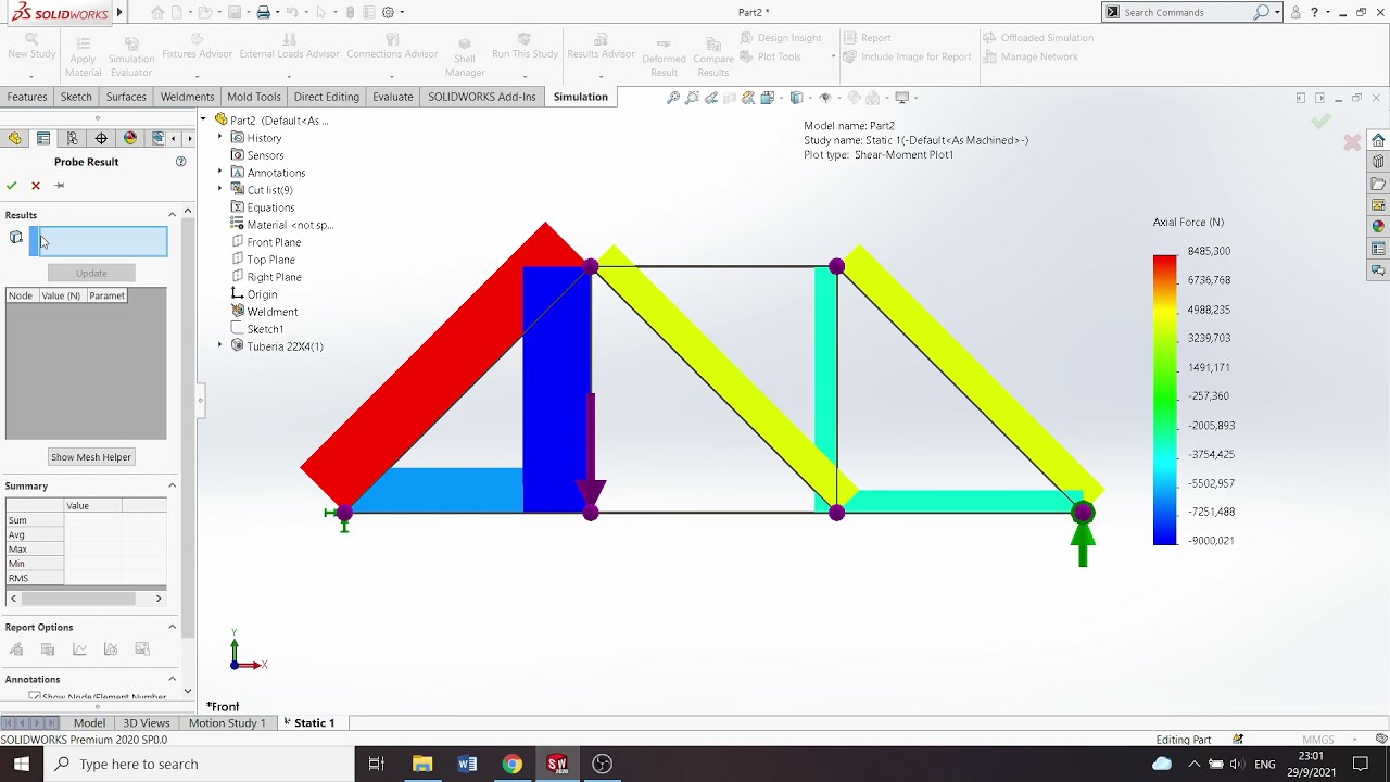 Fuerzas internas y desplazamientos en armaduras con Solidworks