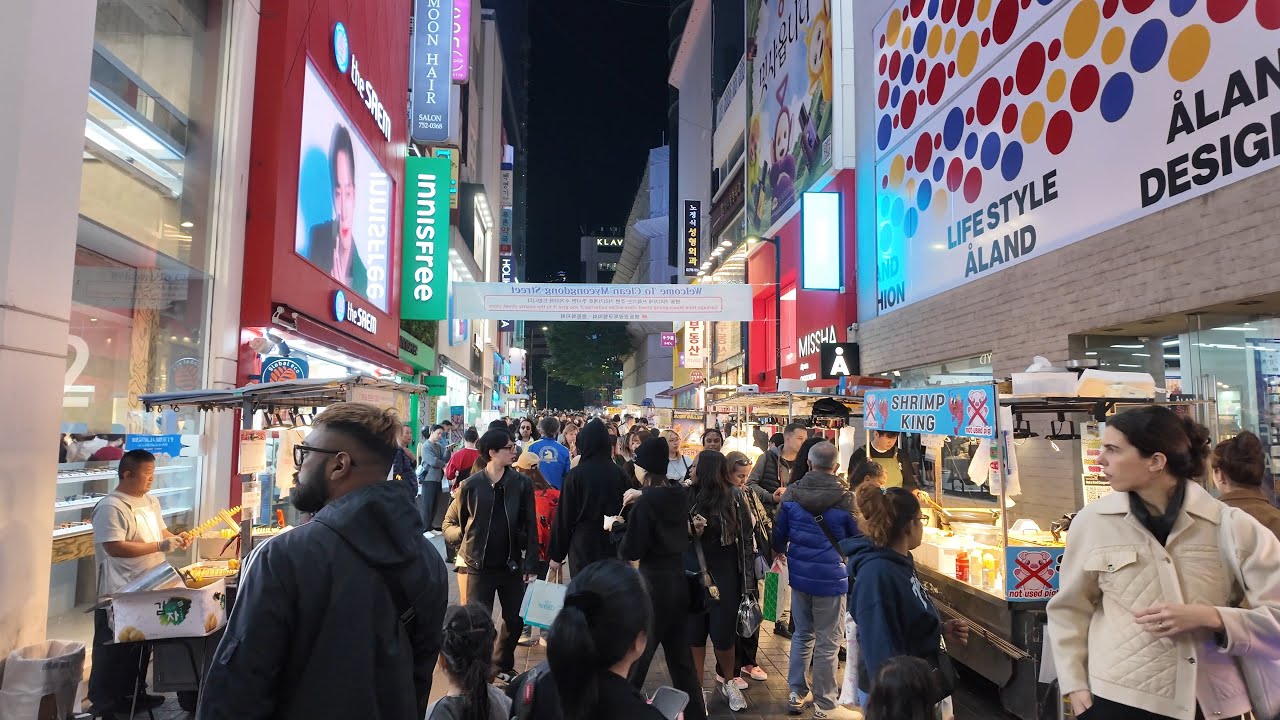 Myeongdong at night, overflowing with foreign visitors